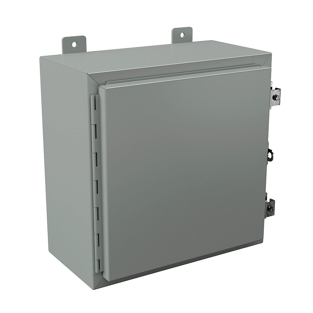 N12161608 - Wiegmann enclosure, NEMA 12/13, 16 x 16 x 8in (HxWxD), wall mount, carbon steel, ANSI 61 gray, powder coat finish, single-door, plated steel clamps, padlock hasp and staple.