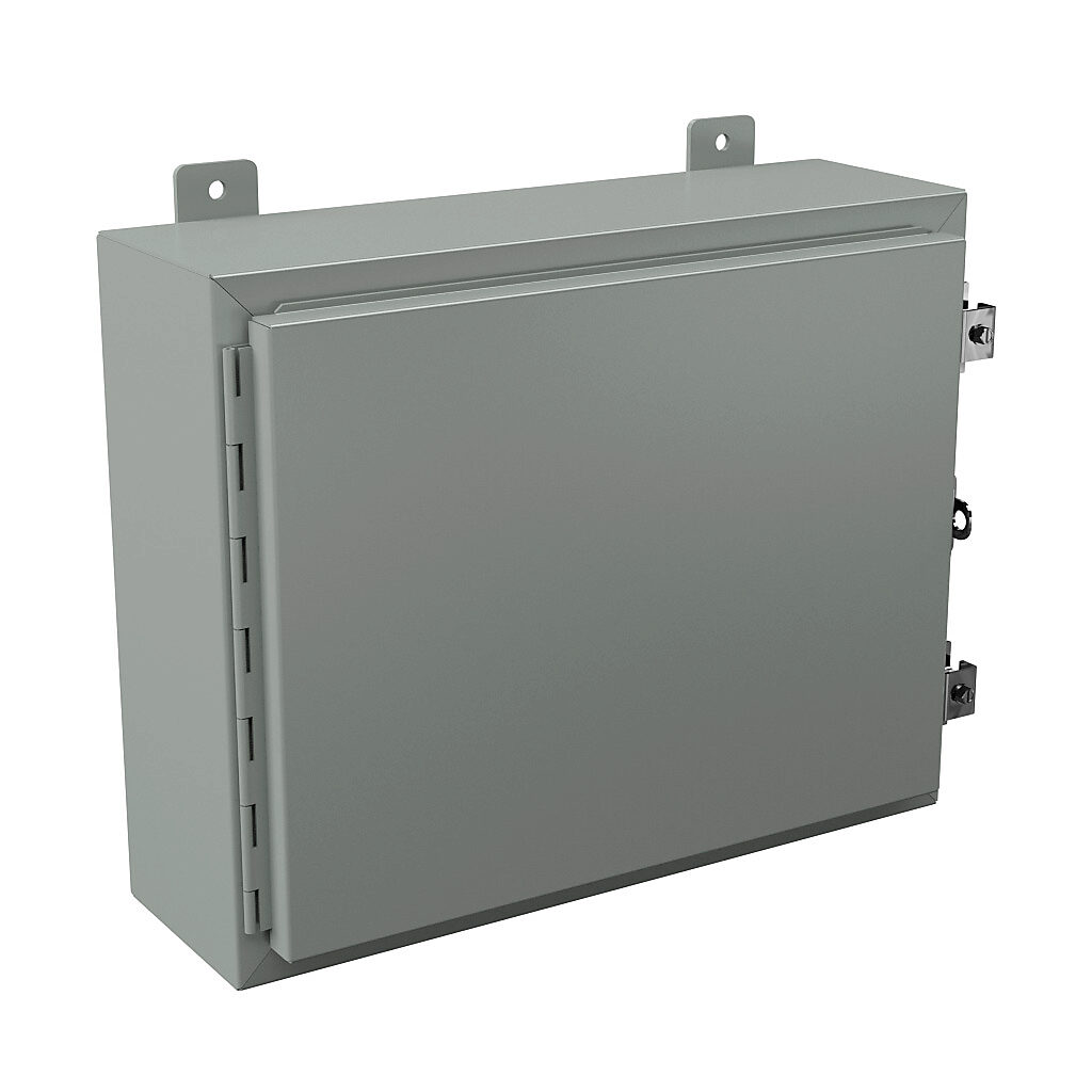 N12162006 - Wiegmann enclosure, NEMA 12/13, 16 x 20 x 6in (HxWxD), wall mount, carbon steel, ANSI 61 gray, powder coat finish, single-door, plated steel clamps, padlock hasp and staple.