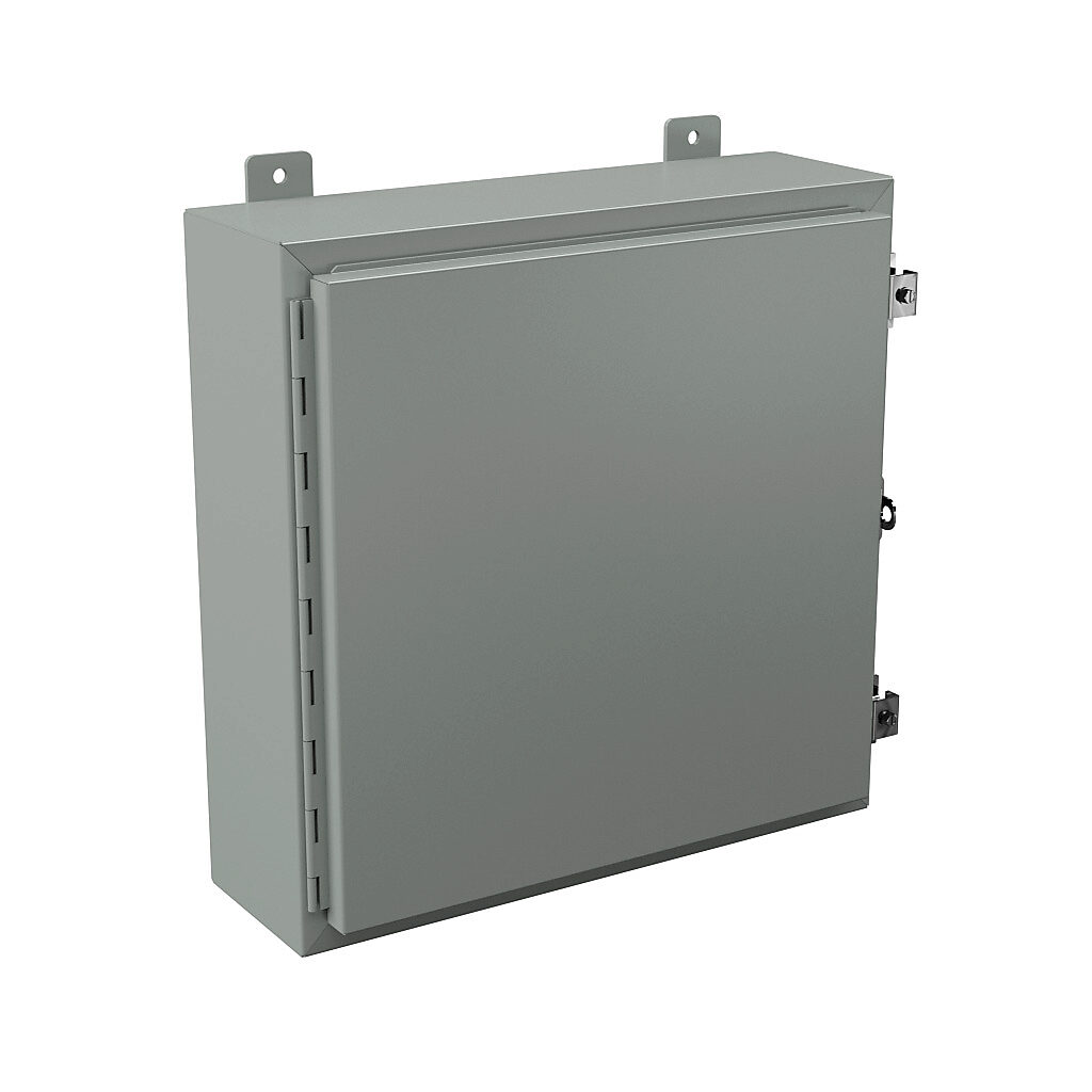 N12202006 - Wiegmann enclosure, NEMA 12/13, 20 x 20 x 6in (HxWxD), wall mount, carbon steel, ANSI 61 gray, powder coat finish, single-door, plated steel clamps, padlock hasp and staple.