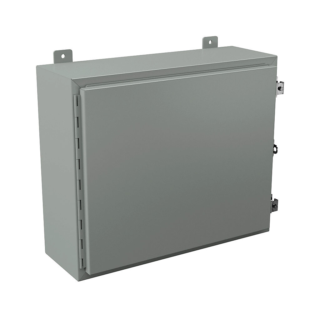 N12202408 - Wiegmann enclosure, NEMA 12/13, 20 x 24 x 8in (HxWxD), wall mount, carbon steel, ANSI 61 gray, powder coat finish, single-door, plated steel clamps, padlock hasp and staple.