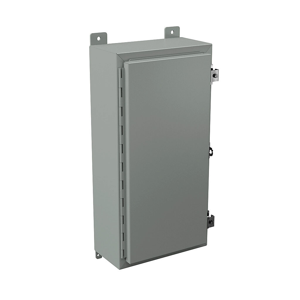 N12241206 - Wiegmann enclosure, NEMA 12/13, 24 x 12 x 6in (HxWxD), wall mount, carbon steel, ANSI 61 gray, powder coat finish, single-door, plated steel clamps, padlock hasp and staple.