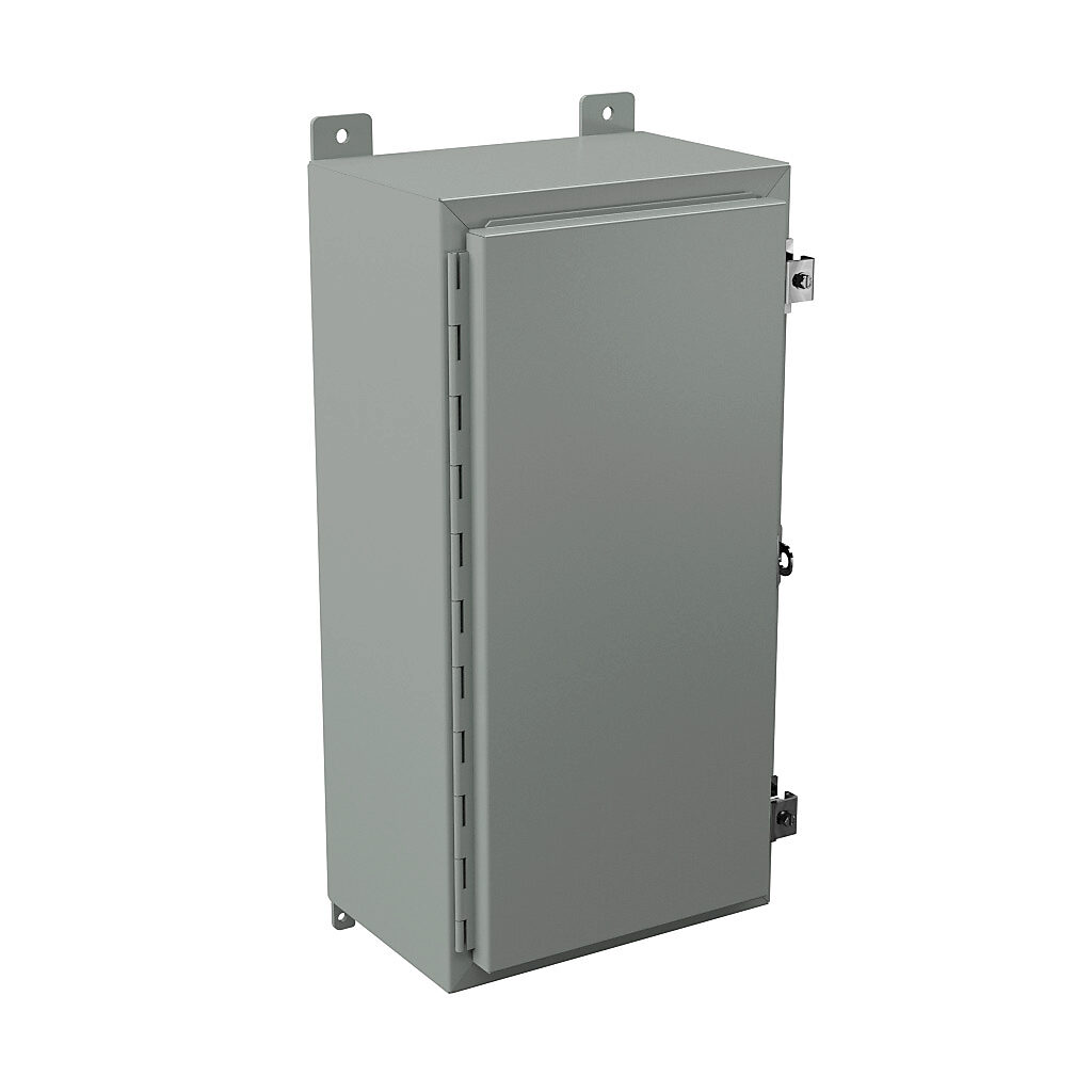 N12241208 - Wiegmann enclosure, NEMA 12/13, 24 x 12 x 8in (HxWxD), wall mount, carbon steel, ANSI 61 gray, powder coat finish, single-door, plated steel clamps, padlock hasp and staple.