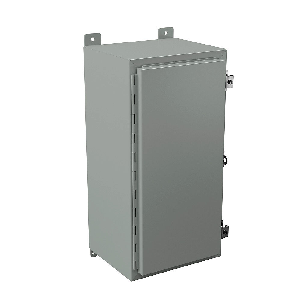 N12241210 - Wiegmann enclosure, NEMA 12/13, 24 x 12 x 10in (HxWxD), wall mount, carbon steel, ANSI 61 gray, powder coat finish, single-door, plated steel clamps, padlock hasp and staple.
