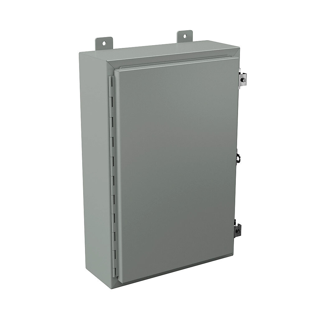 N12241606 - Wiegmann enclosure, NEMA 12/13, 24 x 16 x 6in (HxWxD), wall mount, carbon steel, ANSI 61 gray, powder coat finish, single-door, plated steel clamps, padlock hasp and staple.
