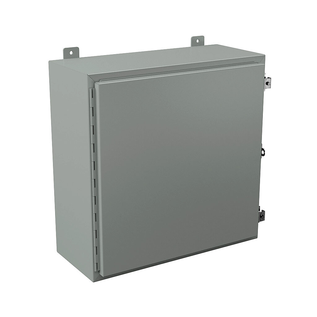 N12242410 - Wiegmann enclosure, NEMA 12/13, 24 x 24 x 10in (HxWxD), wall mount, carbon steel, ANSI 61 gray, powder coat finish, single-door, plated steel clamps, padlock hasp and staple.