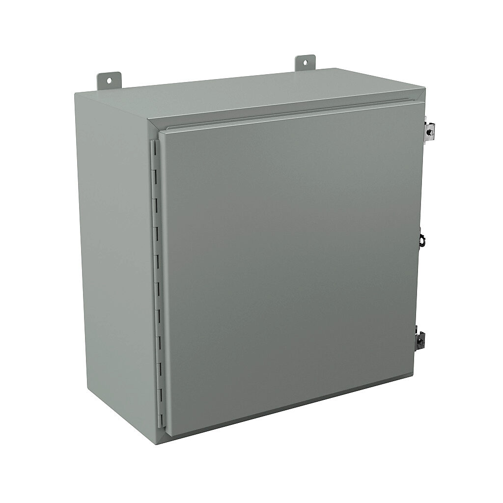 N12242412 - Wiegmann enclosure, NEMA 12/13, 24 x 24 x 12in (HxWxD), wall mount, carbon steel, ANSI 61 gray, powder coat finish, single-door, plated steel clamps, padlock hasp and staple.