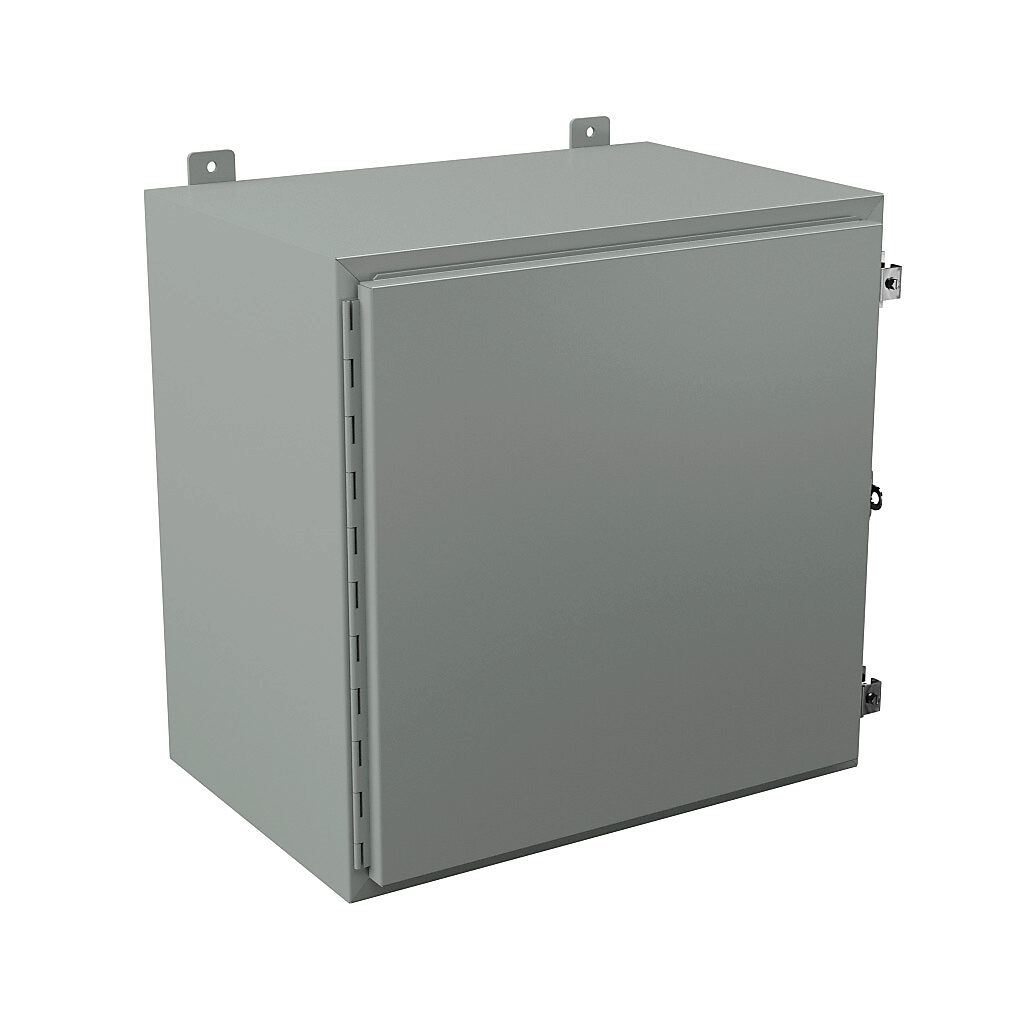N12242416 - Wiegmann enclosure, NEMA 12/13, 24 x 24 x 16in (HxWxD), wall mount, carbon steel, ANSI 61 gray, powder coat finish, single-door, plated steel clamps, padlock hasp and staple.