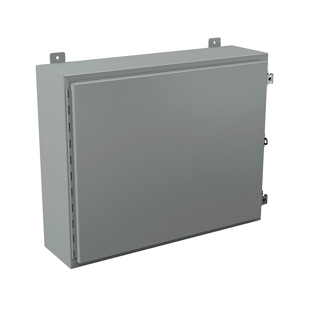 N12243008 - Wiegmann enclosure, NEMA 12/13, 24 x 30 x 8in (HxWxD), wall mount, carbon steel, ANSI 61 gray, powder coat finish, single-door, plated steel clamps, padlock hasp and staple.