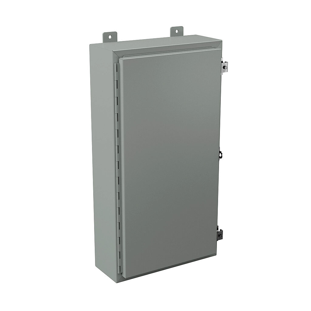 N12301606 - Wiegmann enclosure, NEMA 12/13, 30 x 16 x 6in (HxWxD), wall mount, carbon steel, ANSI 61 gray, powder coat finish, single-door, plated steel clamps, padlock hasp and staple.