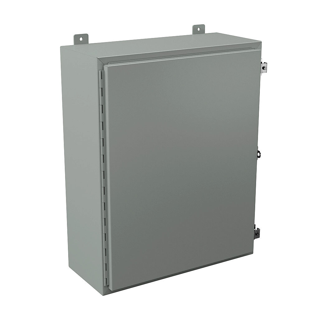 N12302410 - Wiegmann enclosure, NEMA 12/13, 30 x 24 x 10in (HxWxD), wall mount, carbon steel, ANSI 61 gray, powder coat finish, single-door, plated steel clamps, padlock hasp and staple.