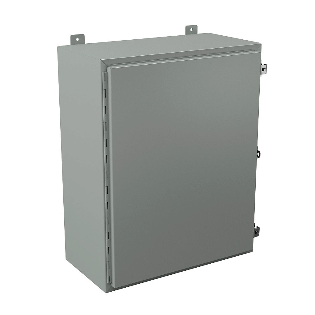 N12302412 - Wiegmann enclosure, NEMA 12/13, 30 x 24 x 12in (HxWxD), wall mount, carbon steel, ANSI 61 gray, powder coat finish, single-door, plated steel clamps, padlock hasp and staple.