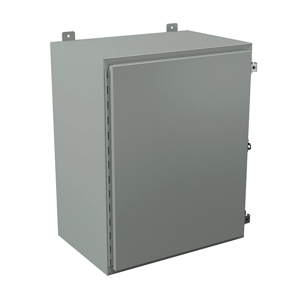 N12302416 - Wiegmann enclosure, NEMA 12/13, 30 x 24 x 16in (HxWxD), wall mount, carbon steel, ANSI 61 gray, powder coat finish, single-door, plated steel clamps, padlock hasp and staple.