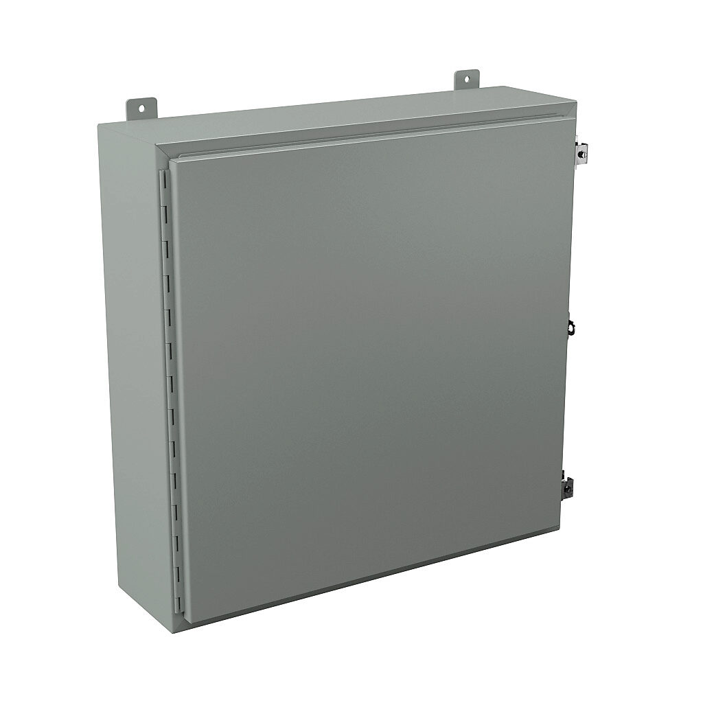 N12303008 - Wiegmann enclosure, NEMA 12/13, 30 x 30 x 8in (HxWxD), wall mount, carbon steel, ANSI 61 gray, powder coat finish, single-door, plated steel clamps, padlock hasp and staple.