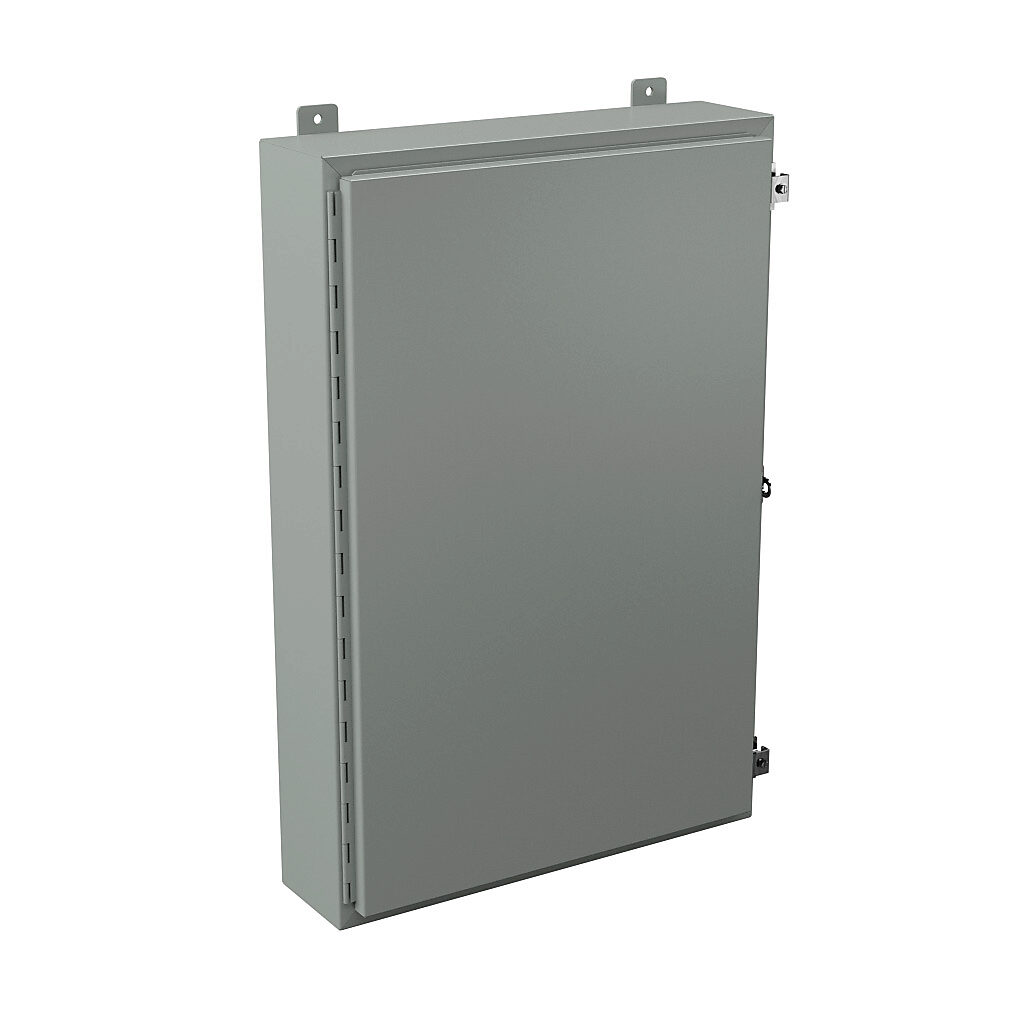 N12362406 - Wiegmann enclosure, NEMA 12/13, 36 x 24 x 6in (HxWxD), wall mount, carbon steel, ANSI 61 gray, powder coat finish, single-door, plated steel clamps, padlock hasp and staple.