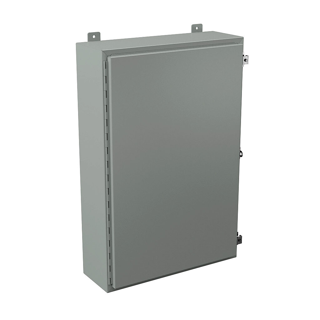 N12362408 - Wiegmann enclosure, NEMA 12/13, 36 x 24 x 8in (HxWxD), wall mount, carbon steel, ANSI 61 gray, powder coat finish, single-door, plated steel clamps, padlock hasp and staple.