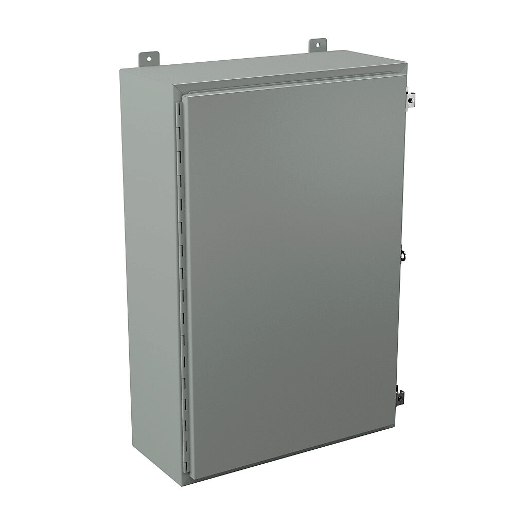 N12362410 - Wiegmann enclosure, NEMA 12/13, 36 x 24 x 10in (HxWxD), wall mount, carbon steel, ANSI 61 gray, powder coat finish, single-door, plated steel clamps, padlock hasp and staple.