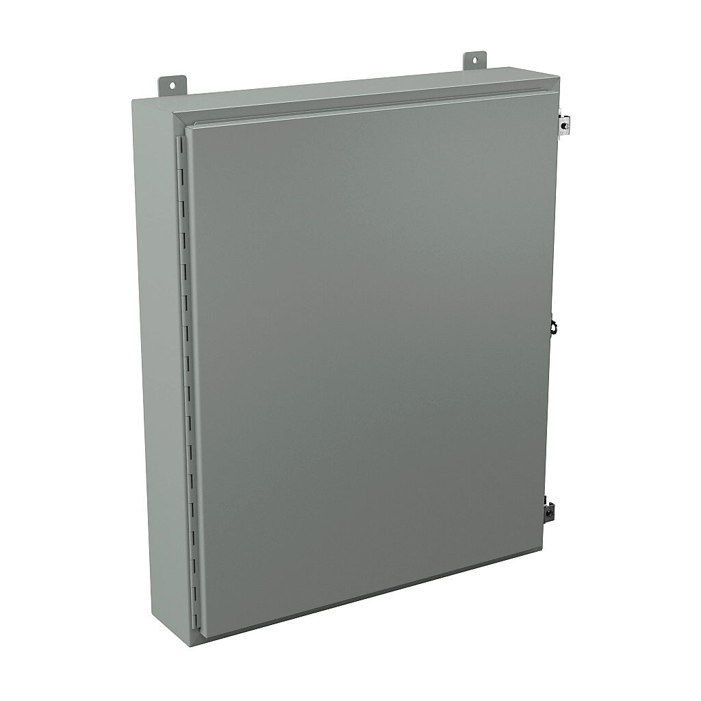 N12363006 - Wiegmann enclosure, NEMA 12/13, 36 x 30 x 6in (HxWxD), wall mount, carbon steel, ANSI 61 gray, powder coat finish, single-door, plated steel clamps, padlock hasp and staple.