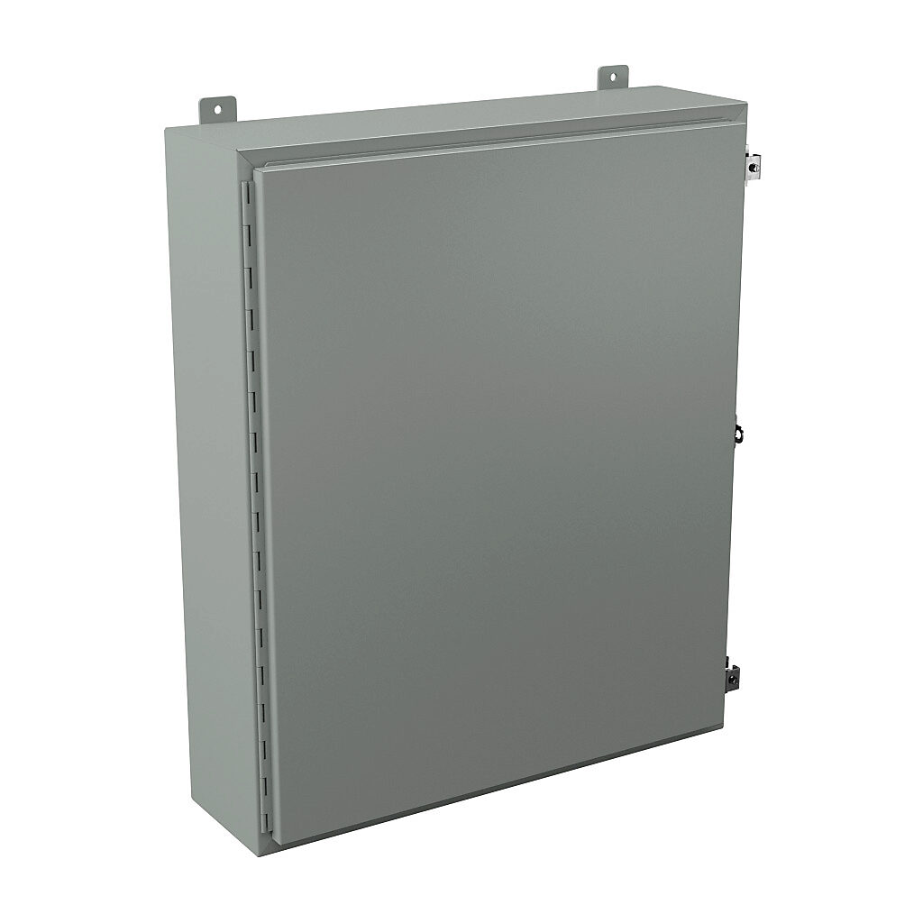 N12363008 - Wiegmann enclosure, NEMA 12/13, 36 x 30 x 8in (HxWxD), wall mount, carbon steel, ANSI 61 gray, powder coat finish, single-door, plated steel clamps, padlock hasp and staple.