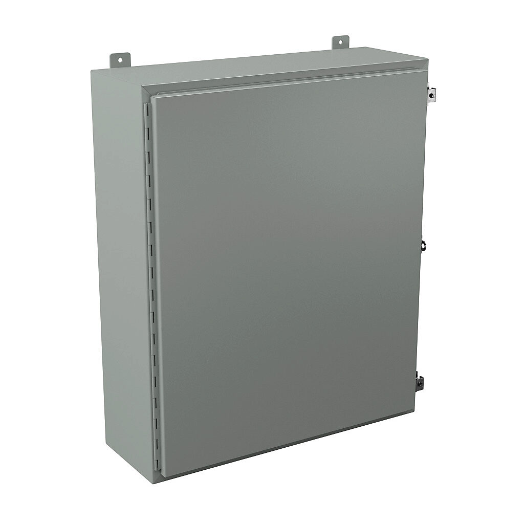 N12363010 - Wiegmann enclosure, NEMA 12/13, 36 x 30 x 10in (HxWxD), wall mount, carbon steel, ANSI 61 gray, powder coat finish, single-door, plated steel clamps, padlock hasp and staple.