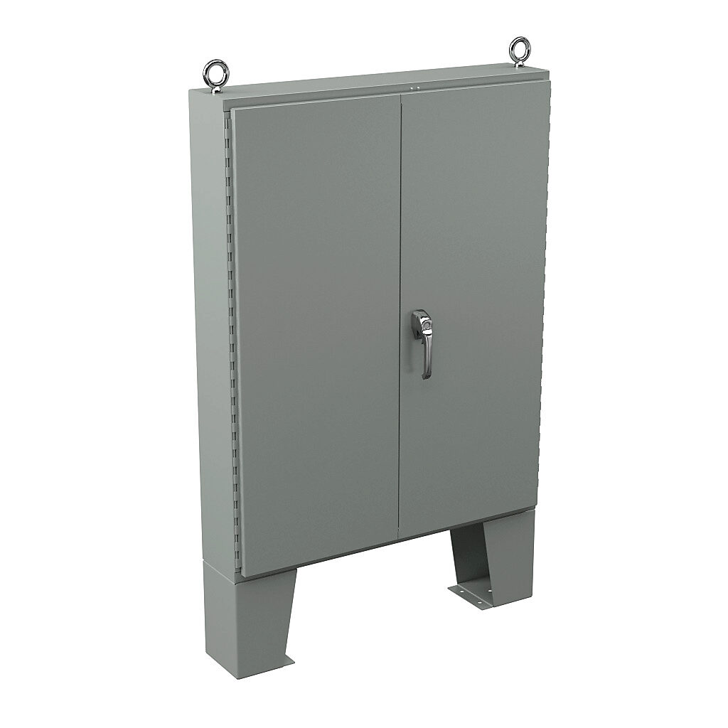 N12544208 - Wiegmann enclosure, NEMA 12, 54 x 42 x 8in (HxWxD), floor mount, carbon steel, ANSI 61 gray, powder coat finish, double-door, 3-point keylocking/padlocking combo handle.