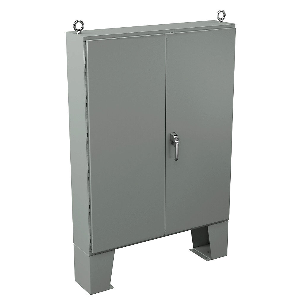 N12604810 - Wiegmann enclosure, NEMA 12, 60 x 48 x 10in (HxWxD), floor mount, carbon steel, ANSI 61 gray, powder coat finish, double-door, 3-point keylocking/padlocking combo handle.