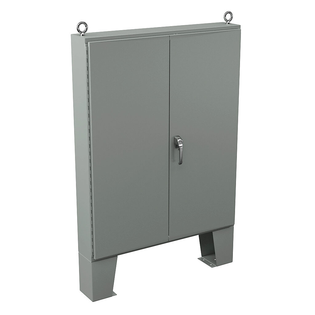 N12604812 - Wiegmann enclosure, NEMA 12, 60 x 48 x 12in (HxWxD), floor mount, carbon steel, ANSI 61 gray, powder coat finish, double-door, 3-point keylocking/padlocking combo handle.