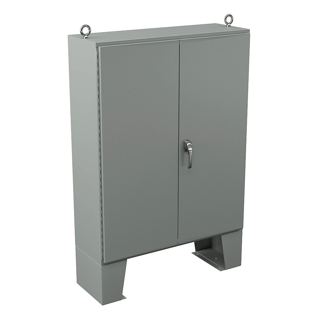 N12604816 - Wiegmann enclosure, NEMA 12, 60 x 48 x 16in (HxWxD), floor mount, carbon steel, ANSI 61 gray, powder coat finish, double-door, 3-point keylocking/padlocking combo handle.