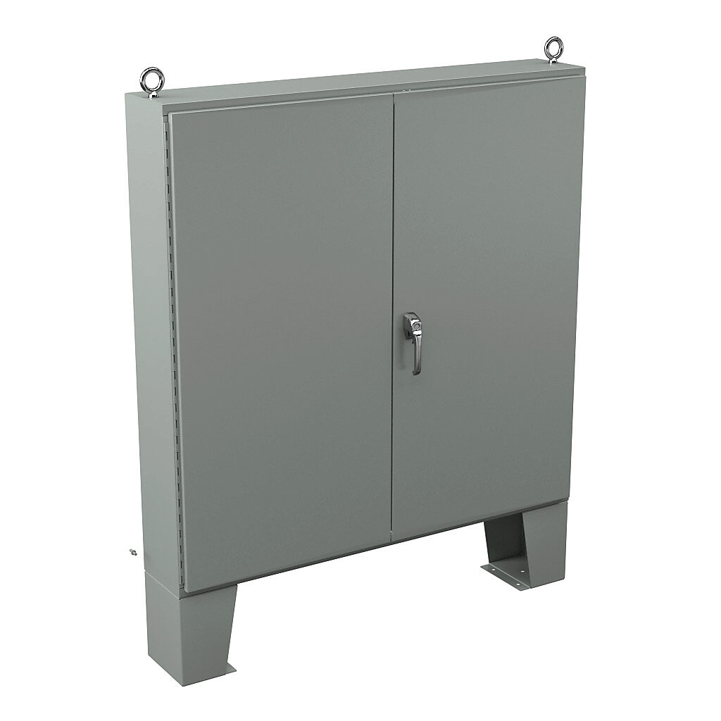 N12606010 - Wiegmann enclosure, NEMA 12, 60 x 60 x 10in (HxWxD), floor mount, carbon steel, ANSI 61 gray, powder coat finish, double-door, 3-point keylocking/padlocking combo handle.