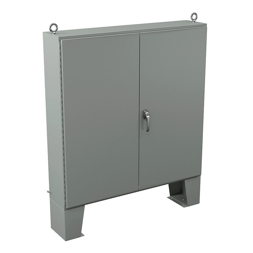 N12606012 - Wiegmann enclosure, NEMA 12, 60 x 60 x 12in (HxWxD), floor mount, carbon steel, ANSI 61 gray, powder coat finish, double-door, 3-point keylocking/padlocking combo handle.