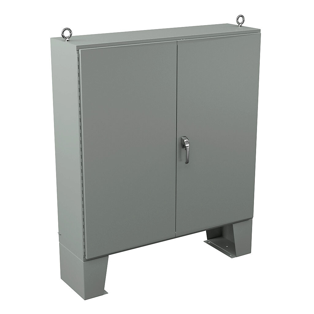N12606016 - Wiegmann enclosure, NEMA 12, 60 x 60 x 16in (HxWxD), floor mount, carbon steel, ANSI 61 gray, powder coat finish, double-door, 3-point keylocking/padlocking combo handle.