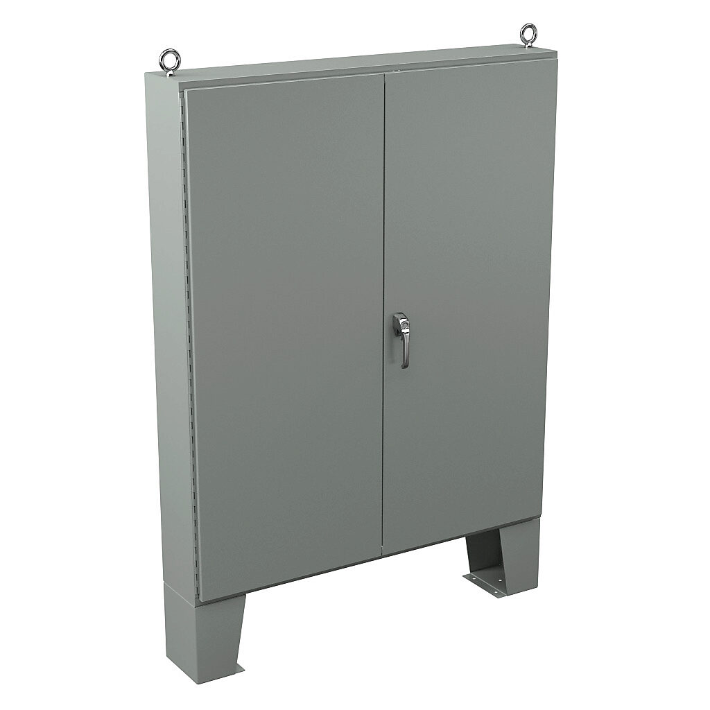 N12726010 - Wiegmann enclosure, NEMA 12, 72 x 60 x 10in (HxWxD), floor mount, carbon steel, ANSI 61 gray, powder coat finish, double-door, 3-point keylocking/padlocking combo handle.