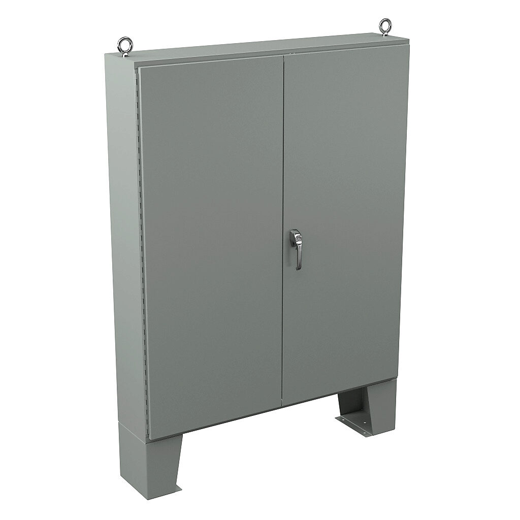 N12726012 - Wiegmann enclosure, NEMA 12, 72 x 60 x 12in (HxWxD), floor mount, carbon steel, ANSI 61 gray, powder coat finish, double-door, 3-point keylocking/padlocking combo handle.