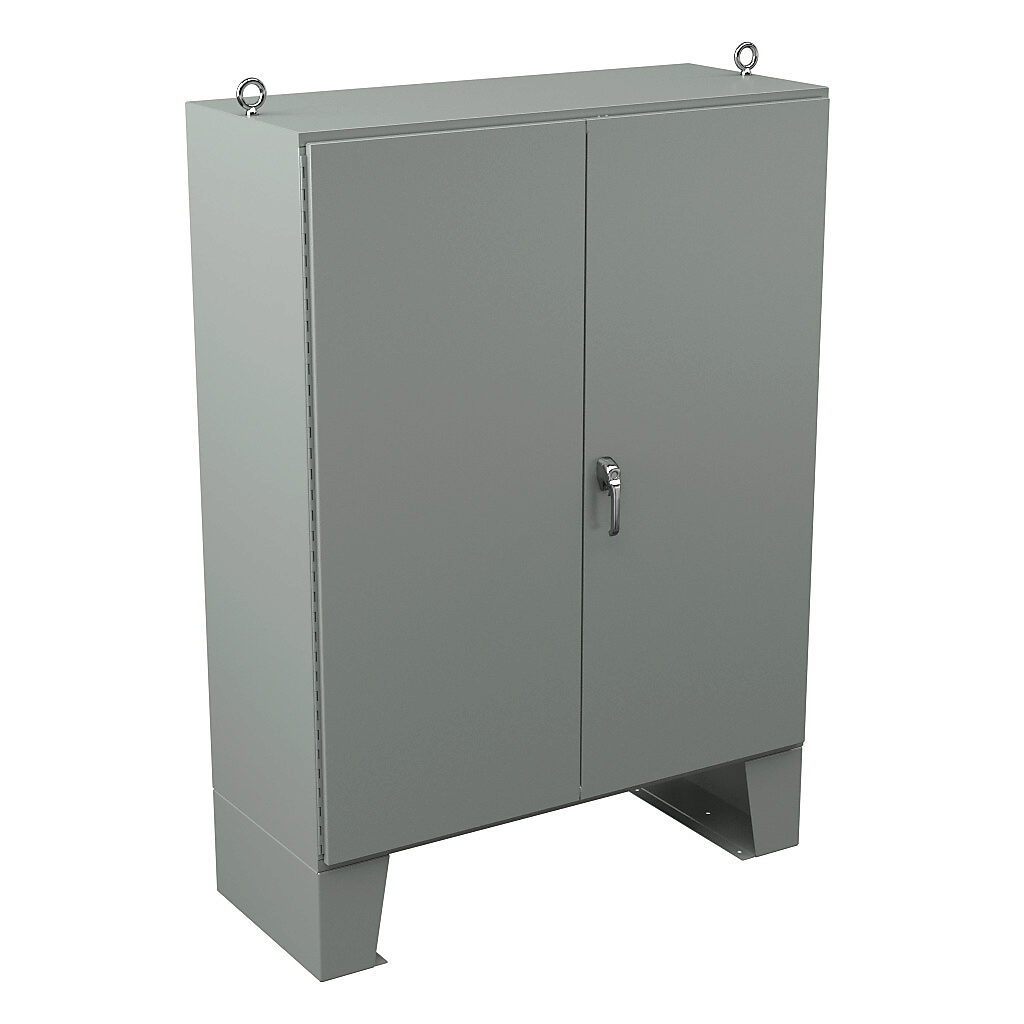 N12726024 - Wiegmann enclosure, NEMA 12, 72 x 60 x 24in (HxWxD), floor mount, carbon steel, ANSI 61 gray, powder coat finish, double-door, 3-point keylocking/padlocking combo handle.