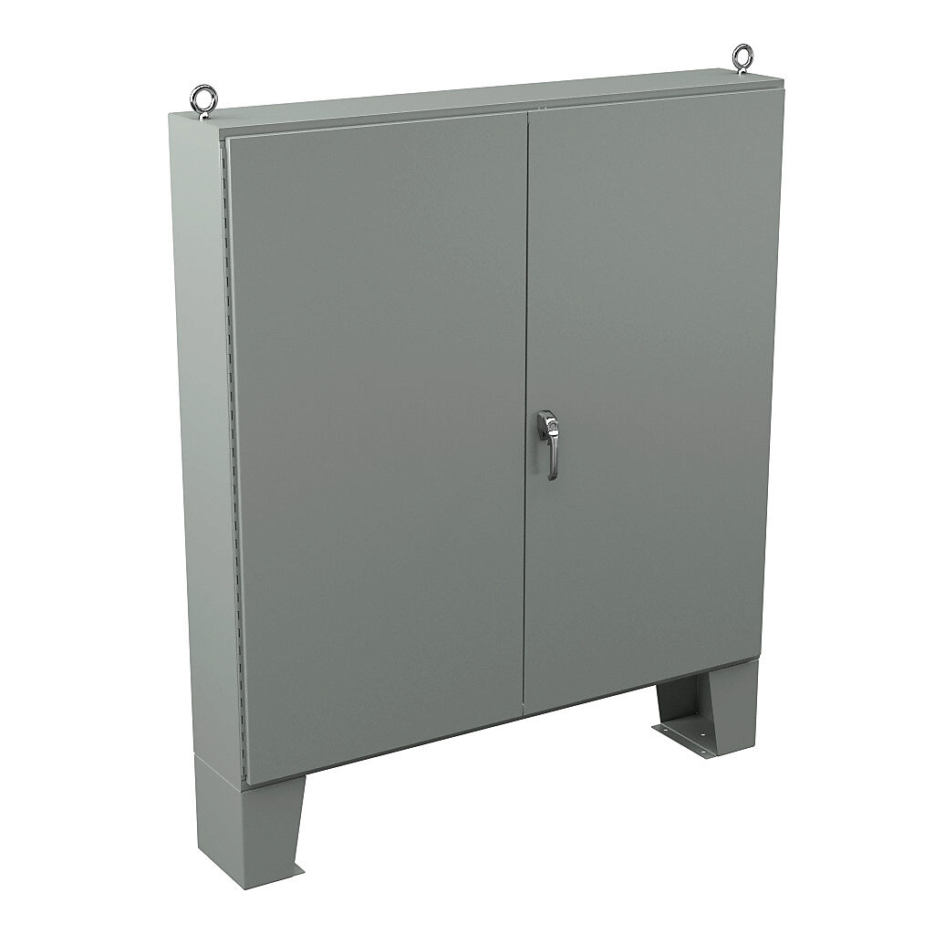 N12727212 - Wiegmann enclosure, NEMA 12, 72 x 72 x 12in (HxWxD), floor mount, carbon steel, ANSI 61 gray, powder coat finish, double-door, 3-point keylocking/padlocking combo handle.