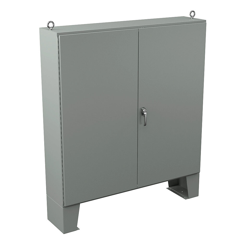 N12727216 - Wiegmann enclosure, NEMA 12, 72 x 72 x 16in (HxWxD), floor mount, carbon steel, ANSI 61 gray, powder coat finish, double-door, 3-point keylocking/padlocking combo handle.