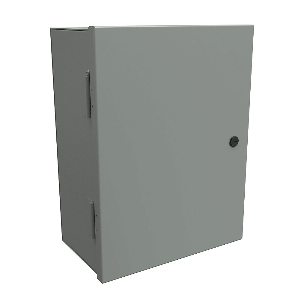 N1A16127 - Hammond enclosure, NEMA 1, 16 x 12 x 7in (HxWxD), wall mount, carbon steel, ANSI 61 gray, powder coat finish, single-door, 1/4-turn semi-flush latch.