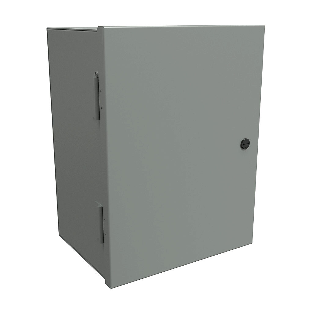 N1A16129 - Hammond enclosure, NEMA 1, 16 x 12 x 9in (HxWxD), wall mount, carbon steel, ANSI 61 gray, powder coat finish, single-door, 1/4-turn semi-flush latch.