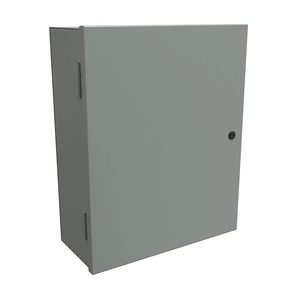 N1A20167 - Hammond enclosure, NEMA 1, 20 x 16 x 7in (HxWxD), wall mount, carbon steel, ANSI 61 gray, powder coat finish, single-door, 1/4-turn semi-flush latch.