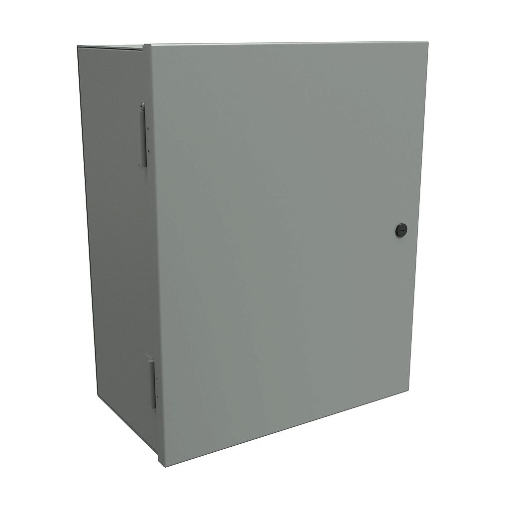 N1A20169 - Hammond enclosure, NEMA 1, 20 x 16 x 9in (HxWxD), wall mount, carbon steel, ANSI 61 gray, powder coat finish, single-door, 1/4-turn semi-flush latch.