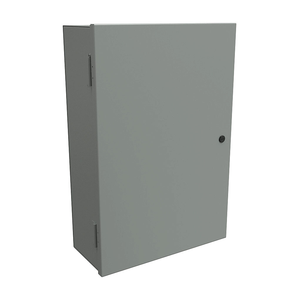 N1A24167 - Hammond enclosure, NEMA 1, 24 x 16 x 7in (HxWxD), wall mount, carbon steel, ANSI 61 gray, powder coat finish, single-door, 1/4-turn semi-flush latch.