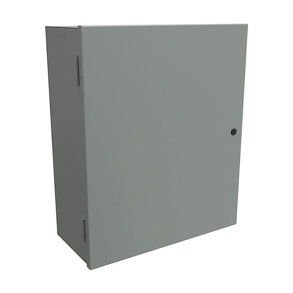 N1A24209 - Hammond enclosure, NEMA 1, 24 x 20 x 9in (HxWxD), wall mount, carbon steel, ANSI 61 gray, powder coat finish, single-door, 1/4-turn semi-flush latch.