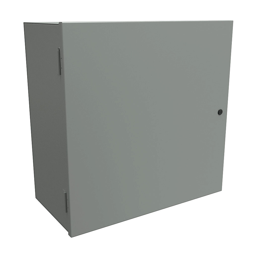 N1A242412 - Hammond enclosure, NEMA 1, 24 x 24 x 12in (HxWxD), wall mount, carbon steel, ANSI 61 gray, powder coat finish, single-door, 1/4-turn semi-flush latch.