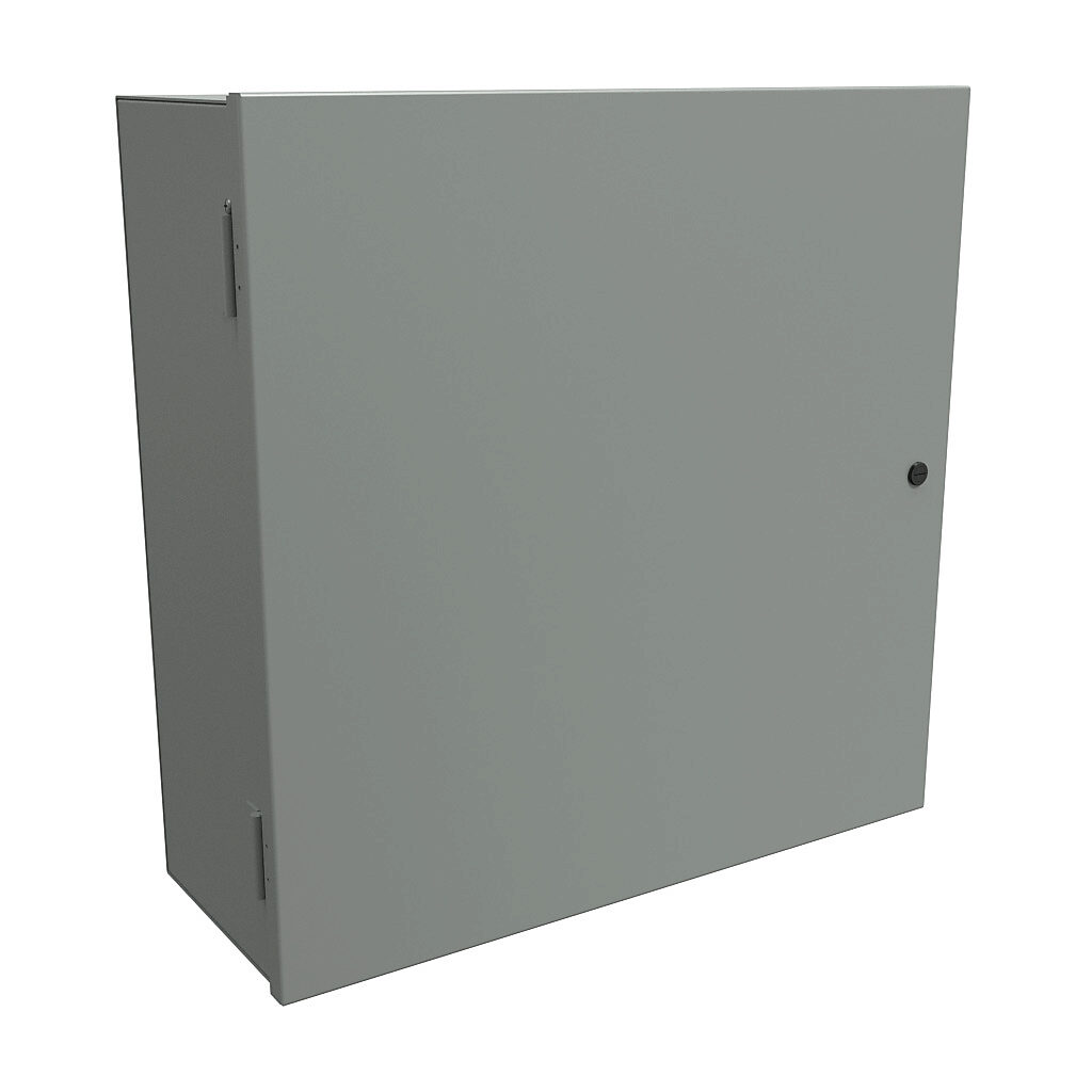 N1A24249 - Hammond enclosure, NEMA 1, 24 x 24 x 9in (HxWxD), wall mount, carbon steel, ANSI 61 gray, powder coat finish, single-door, 1/4-turn semi-flush latch.