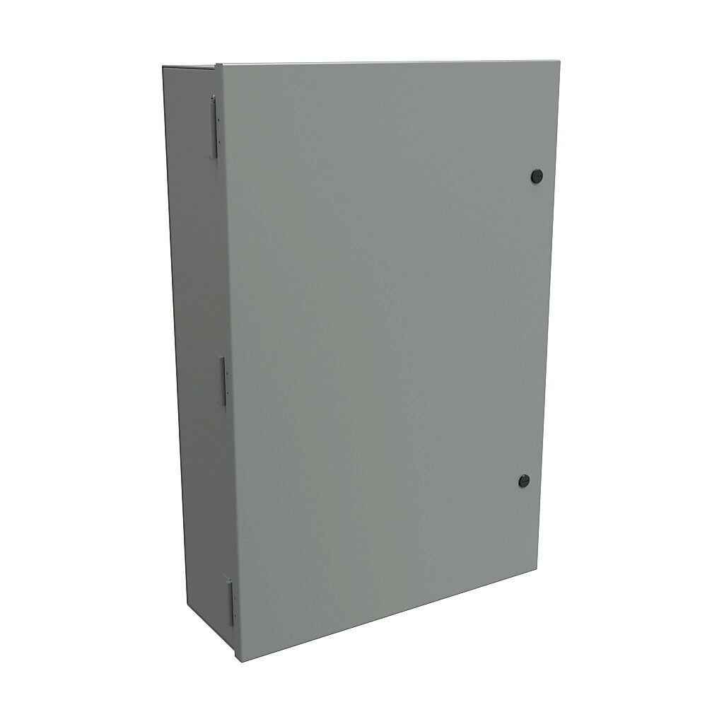 N1A30207 - Hammond enclosure, NEMA 1, 30 x 20 x 7in (HxWxD), wall mount, carbon steel, ANSI 61 gray, powder coat finish, single-door, 1/4-turn semi-flush latch.
