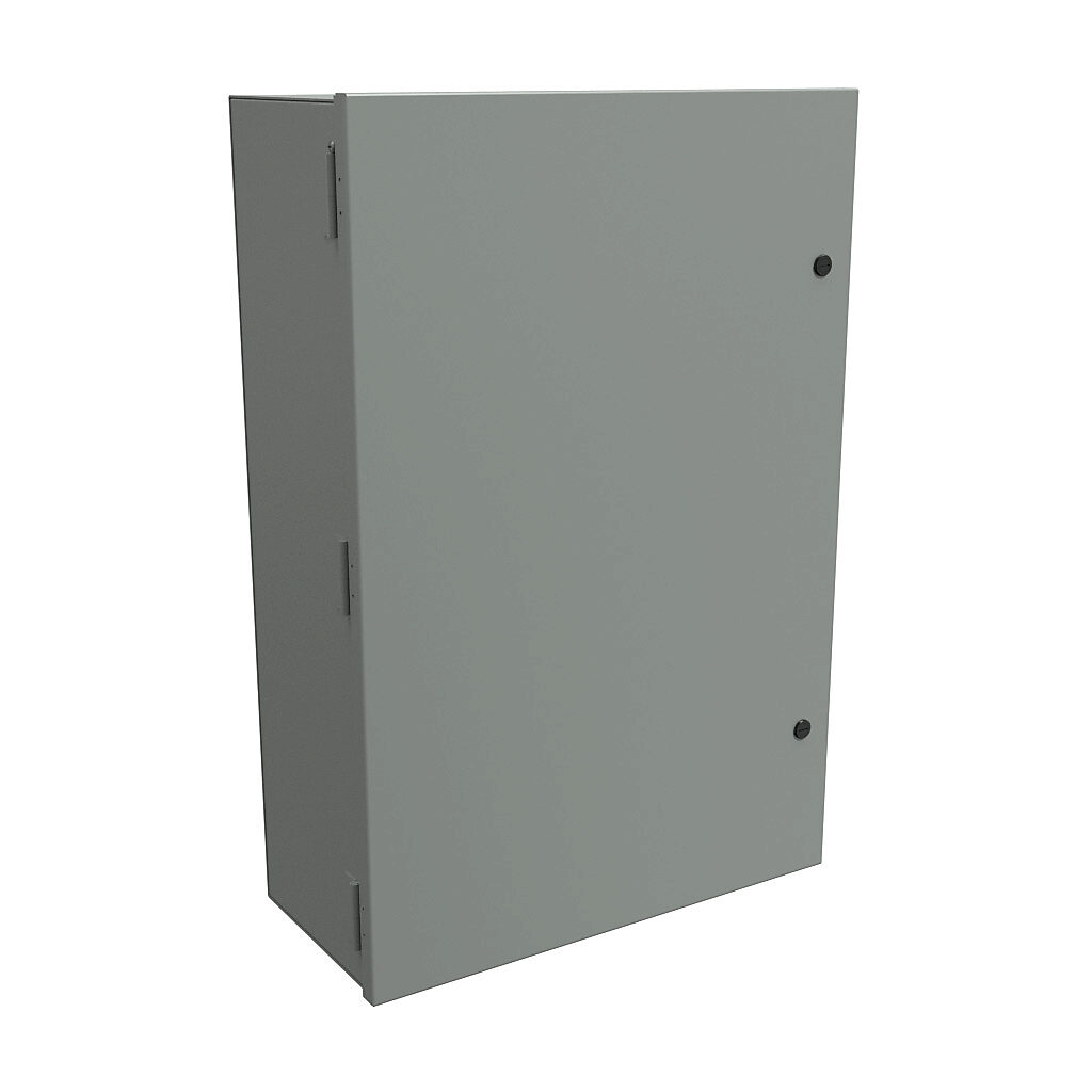 N1A30209 - Hammond enclosure, NEMA 1, 30 x 20 x 9in (HxWxD), wall mount, carbon steel, ANSI 61 gray, powder coat finish, single-door, 1/4-turn semi-flush latch.
