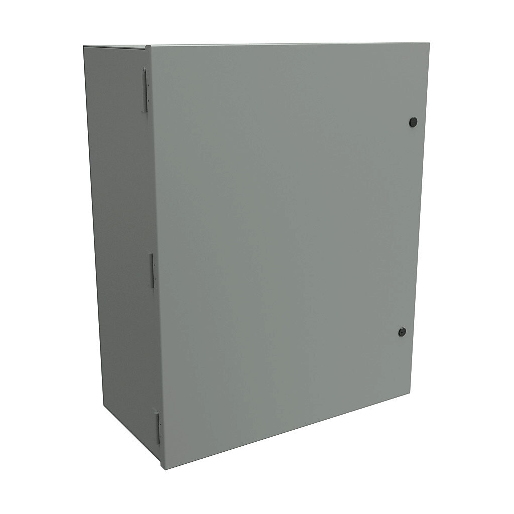 N1A302412 - Hammond enclosure, NEMA 1, 30 x 24 x 12in (HxWxD), wall mount, carbon steel, ANSI 61 gray, powder coat finish, single-door, 1/4-turn semi-flush latch.