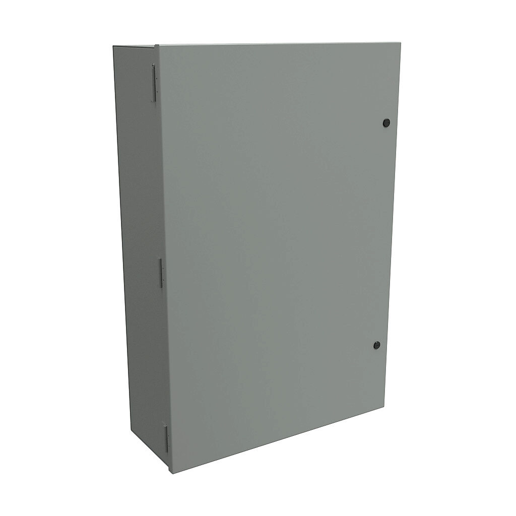 N1A36249 - Hammond enclosure, NEMA 1, 36 x 24 x 9in (HxWxD), wall mount, carbon steel, ANSI 61 gray, powder coat finish, single-door, 1/4-turn semi-flush latch.