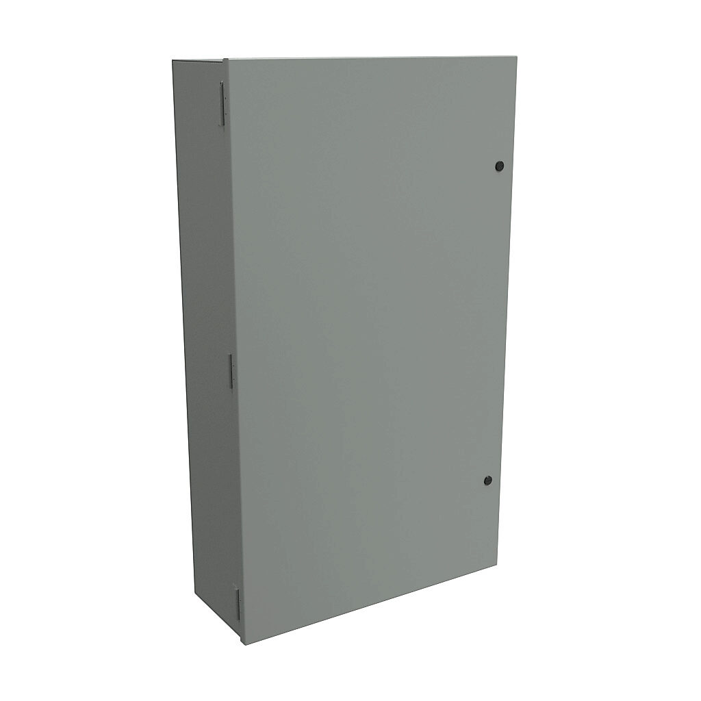 N1A42249 - Hammond enclosure, NEMA 1, 42 x 24 x 9in (HxWxD), wall mount, carbon steel, ANSI 61 gray, powder coat finish, single-door, 1/4-turn semi-flush latch.