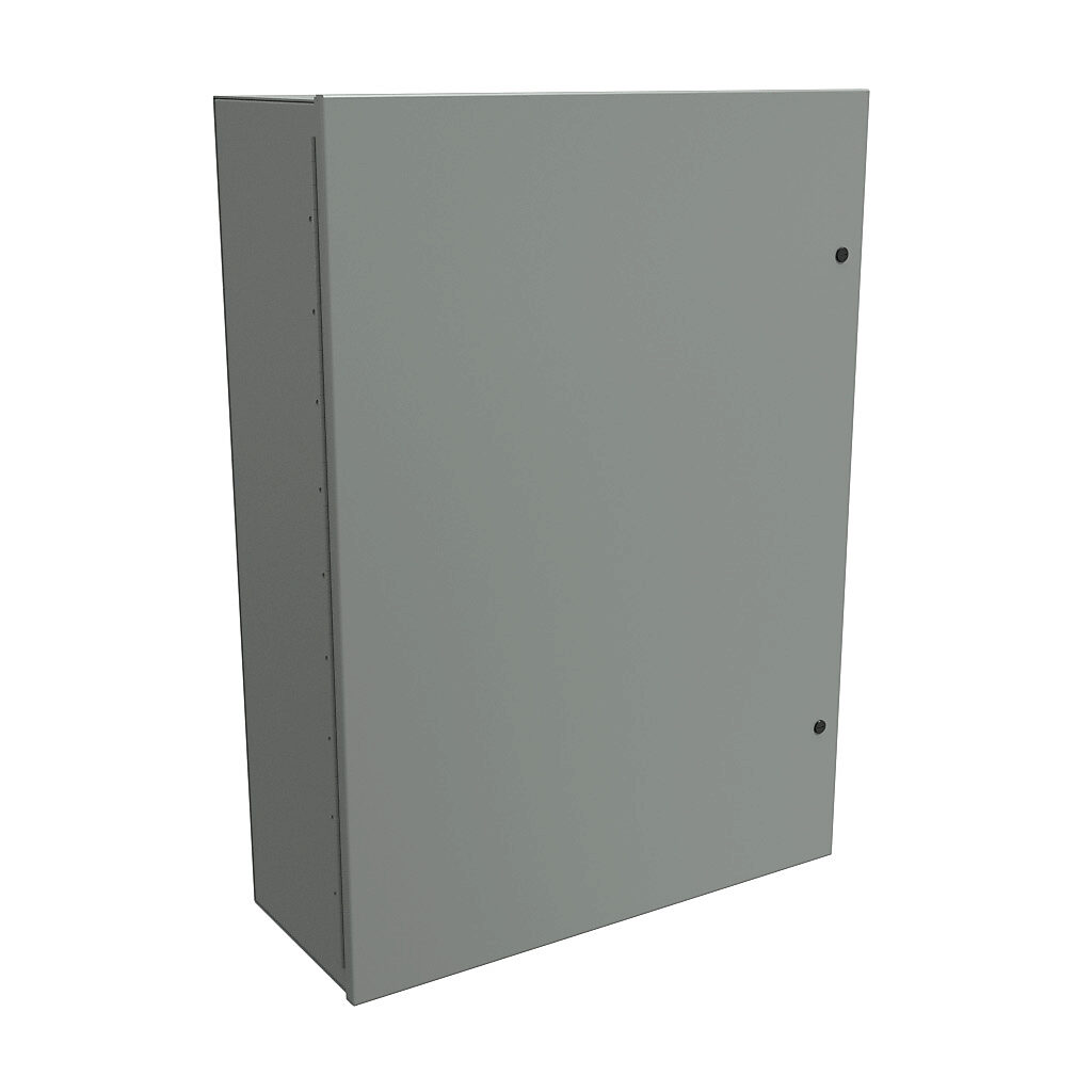 N1A423012 - Hammond enclosure, NEMA 1, 42 x 30 x 12in (HxWxD), wall mount, carbon steel, ANSI 61 gray, powder coat finish, single-door, 1/4-turn semi-flush latch.