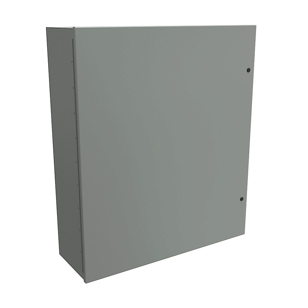 N1A423612 - Hammond enclosure, NEMA 1, 42 x 36 x 12in (HxWxD), wall mount, carbon steel, ANSI 61 gray, powder coat finish, single-door, 1/4-turn semi-flush latch.